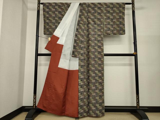 平和屋着物●上質な紬 幾何学文様 正絹 逸品 AABI3779ck