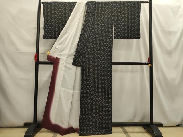 平和屋着物■小紋 網目文 黒地 洗える着物 AABI3802sx
