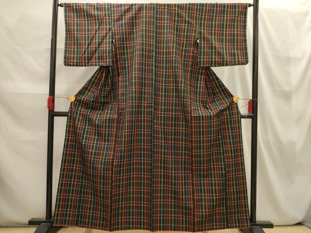 平和屋着物■上質な紬 格子 黒地 正絹 逸品 AABI3822sx