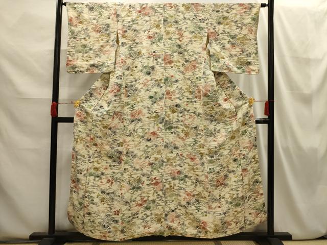 平和屋着物●上質な小紋　型染め　流水風景花文　正絹　逸品　AABE9204ck 平和屋着物○上質な小紋 型染め 風景草花文 鬼しぼ縮緬 正絹 逸品 未