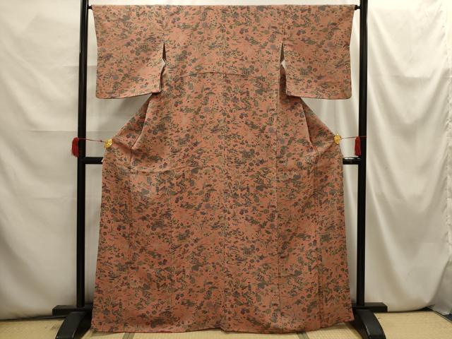 平和屋着物■上質な小紋 草木染 鳳凰花風景文 鬼しぼ縮緬 正絹 逸品 AABI3875sx