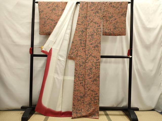平和屋着物■上質な小紋 草木染 鳳凰花風景文 鬼しぼ縮緬 正絹 逸品 AABI3875sx