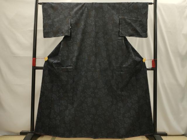 平和屋着物■上質な紬 枝葉文 黒地 正絹 逸品 AABI4044sx