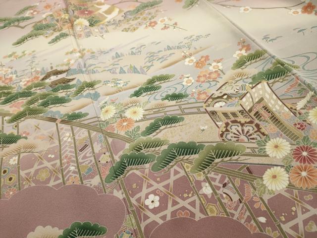 平和屋着物■色留訪問着 松竹梅飛鶴風景文 暈し染め 正絹 逸品 AABI4054sx
