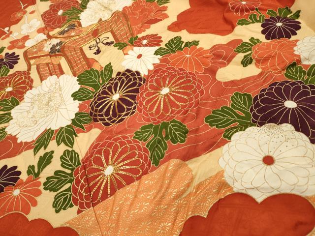 平和屋着物■豪華振袖 駒刺繍 流水御所車花文 金彩 正絹 逸品 AABI4129sx