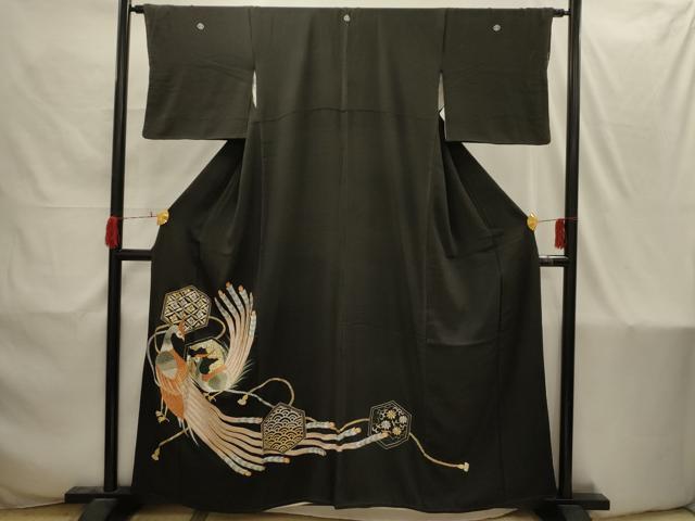 平和屋着物■豪華黒留袖 刺繍 雉 キジ 金銀糸 正絹 逸品 AABI4213sx