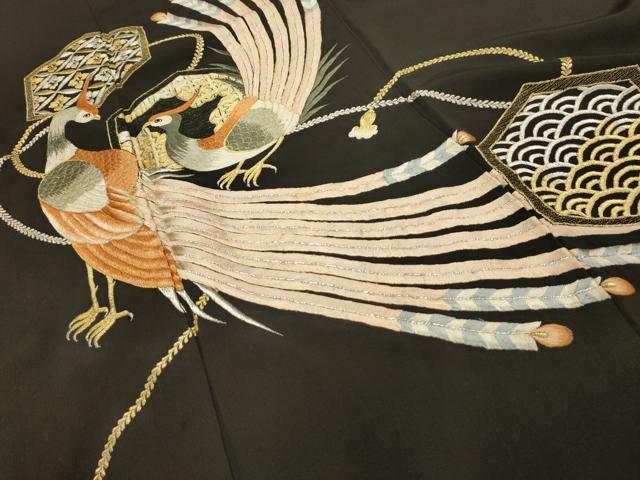 平和屋着物■豪華黒留袖 刺繍 雉 キジ 金銀糸 正絹 逸品 AABI4213sx