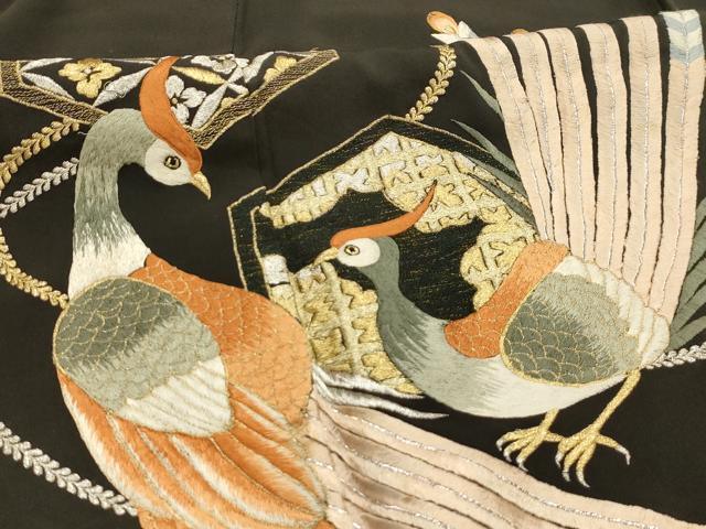 平和屋着物■豪華黒留袖 刺繍 雉 キジ 金銀糸 正絹 逸品 AABI4213sx