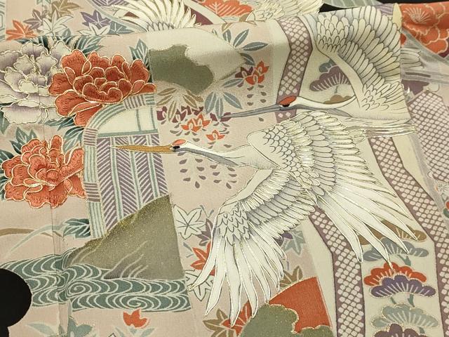 平和屋着物■豪華黒留袖 駒刺繍 飛鶴花文 金彩 正絹 逸品 AABI4242sx