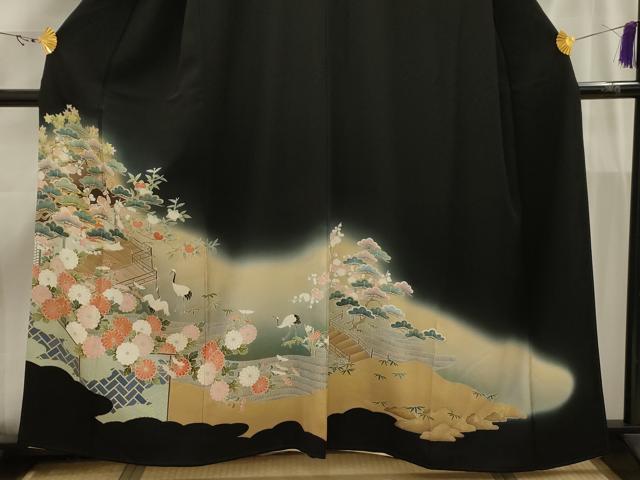 平和屋着物■豪華黒留袖 駒刺繍 群れ鶴風景文 暈し染め 金彩 正絹 逸品 AABI4247sx
