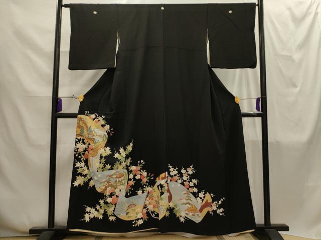 平和屋着物■豪華黒留袖 松竹梅風景絵巻物 金彩 正絹 逸品 AABI4249sx