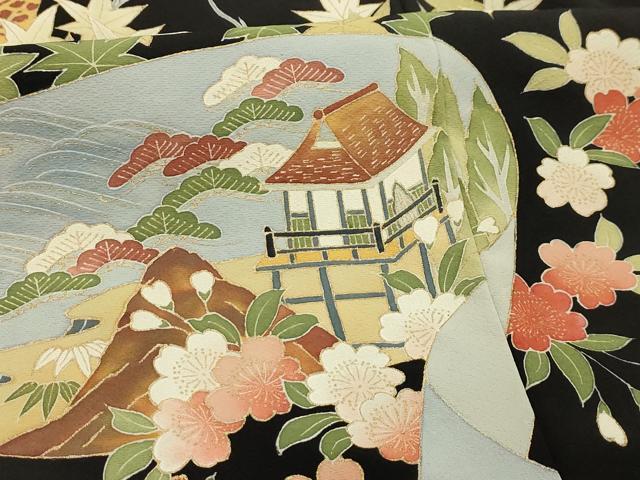 平和屋着物■豪華黒留袖 松竹梅風景絵巻物 金彩 正絹 逸品 AABI4249sx