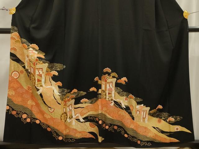 平和屋着物■豪華黒留袖 駒刺繍 御所車花文 金彩 正絹 逸品 AABI4250sx