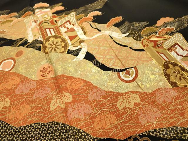平和屋着物■豪華黒留袖 駒刺繍 御所車花文 金彩 正絹 逸品 AABI4250sx