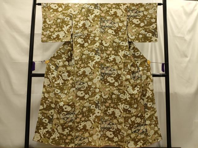 平和屋着物■上質な小紋 草花文 鬼しぼ縮緬 正絹 逸品 AABI4264sx