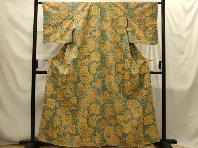 平和屋着物■上質な小紋 紬地 花鳥絵皿文 正絹 逸品 AABI4265sx