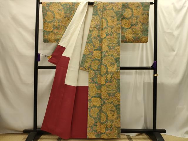 平和屋着物■上質な小紋 紬地 花鳥絵皿文 正絹 逸品 AABI4265sx