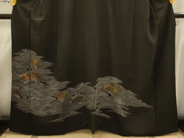 平和屋着物■豪華黒留袖 駒刺繍 立波扇面文 正絹 逸品 AABI4284sx