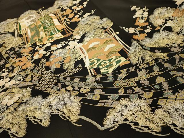 平和屋着物■豪華黒留袖 駒刺繍 束ね熨斗几帳宝尽くし 金銀彩 正絹 逸品 AABI4285sx