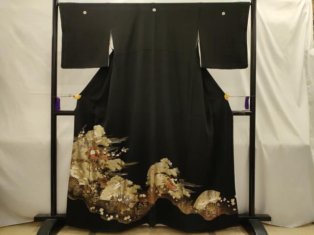 平和屋着物■豪華黒留袖 道長扇面飛鶴花文 金銀彩 正絹 逸品 AABI4310sx