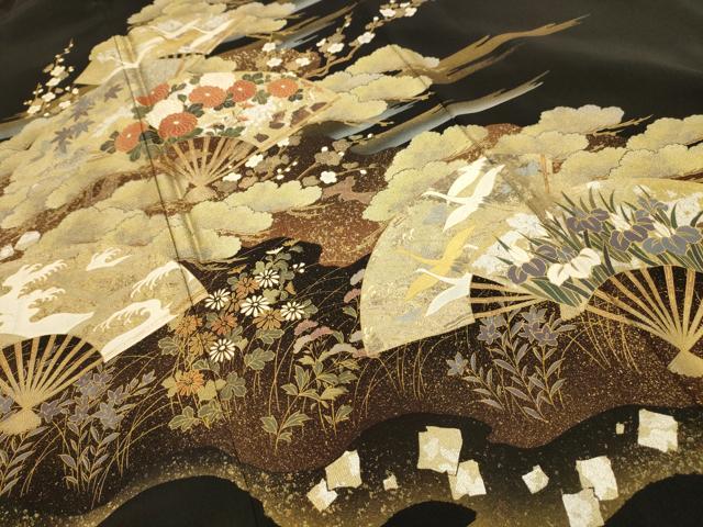 平和屋着物■豪華黒留袖 道長扇面飛鶴花文 金銀彩 正絹 逸品 AABI4310sx