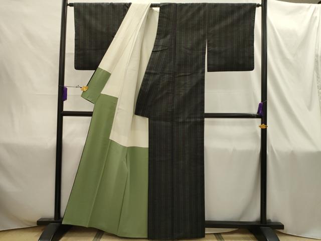 平和屋着物■上質な紬 間道 黒地 正絹 逸品 AABI4325sx