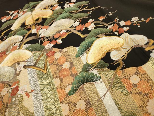 平和屋着物■豪華黒留袖 駒刺繍 梅松文 金銀彩 正絹 逸品 AABI4326sx