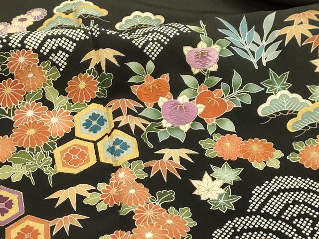 平和屋着物■豪華黒留袖 刺繍 吉祥草花文 金糸 金彩 正絹 逸品 AABI4374sx