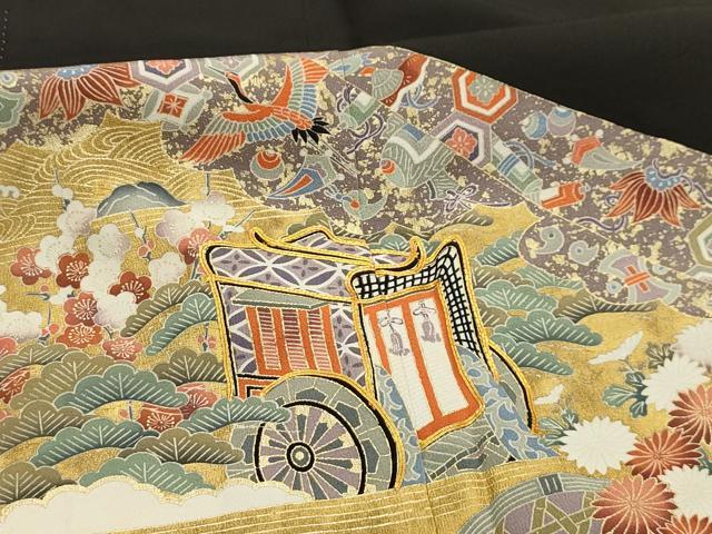 平和屋着物■豪華黒留袖 駒刺繍 御所車飛鶴宝尽くし 金彩 正絹 逸品 AABI4376sx