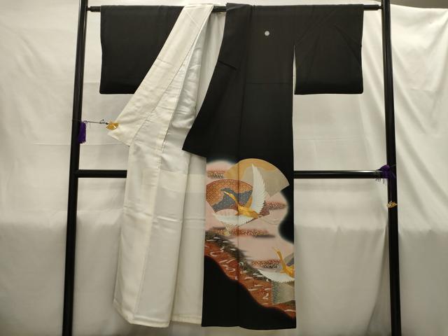 平和屋着物■豪華黒留袖 駒刺繍 扇面飛鶴文 暈し染め 金銀彩 正絹 逸品 AABI4383sx