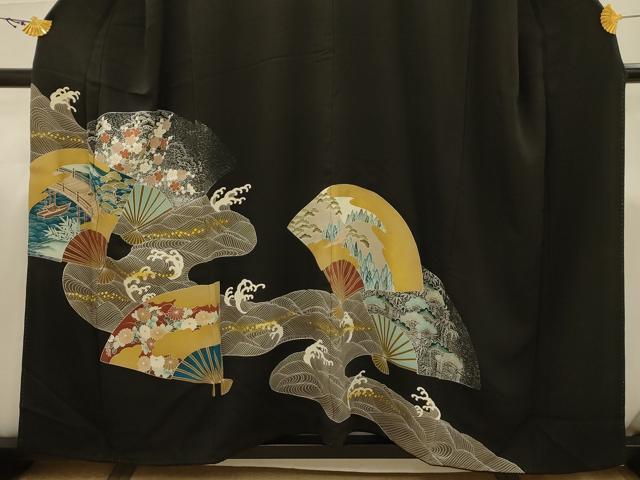 平和屋着物■豪華黒留袖 松竹梅 立波扇面風景文 金彩 正絹 逸品 AABI4384sx