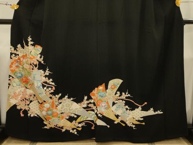 平和屋着物■豪華黒留袖 駒刺繍 松竹梅 扇面孔雀花文 金糸 金彩 正絹 逸品 AABI4390sx