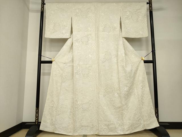 平和屋着物●上質な小紋 総刺繍 中国三大刺繍 スワトウ刺繍 汕頭刺繍 向かい鳥更紗花文 生成り色 正絹 逸品 AABI4417ck