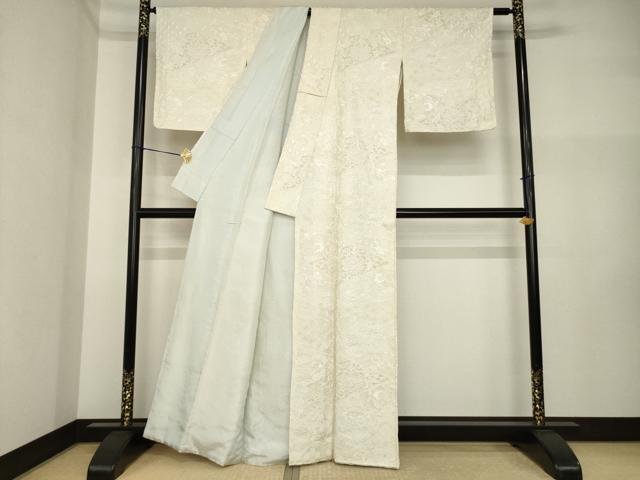 平和屋着物●上質な小紋 総刺繍 中国三大刺繍 スワトウ刺繍 汕頭刺繍 向かい鳥更紗花文 生成り色 正絹 逸品 AABI4417ck