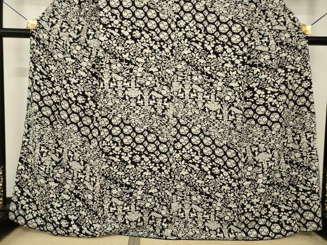 平和屋着物●上質な小紋 更紗花文 黒地 正絹 逸品 AABI4507ck