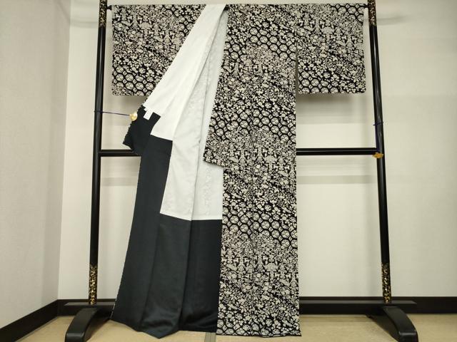 平和屋着物●上質な小紋 更紗花文 黒地 正絹 逸品 AABI4507ck