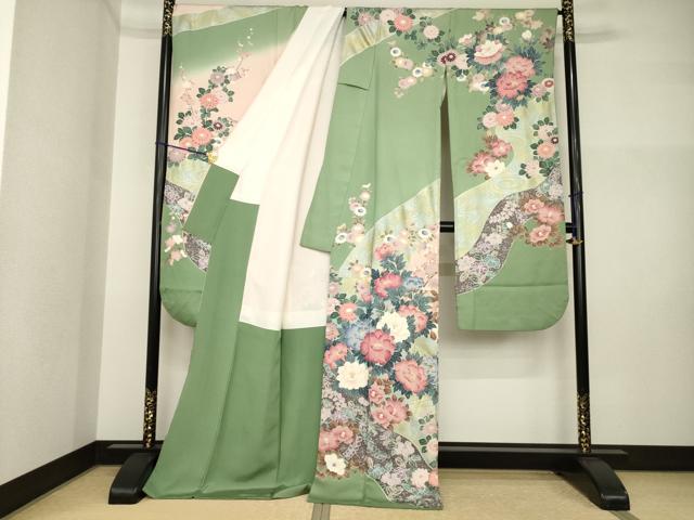 平和屋着物●豪華振袖 作家物 泰常 流水花文 金銀彩 金通し地 ロング丈 正絹 逸品 AABI4519ck
