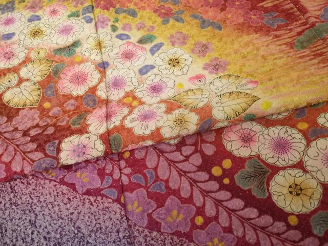 平和屋着物●豪華振袖 辻が花 舞花文 暈し染め 銀通し地 正絹 逸品 AABI4532ck