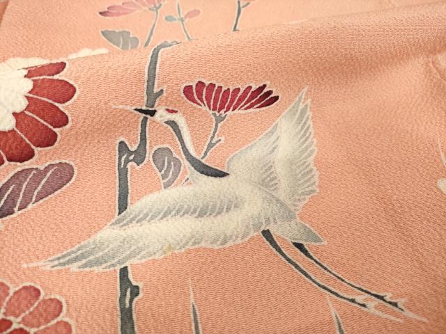 平和屋着物●訪問着 友禅 飛鶴花文 鬼しぼ縮緬 正絹 逸品 未使用 AABI4533ck