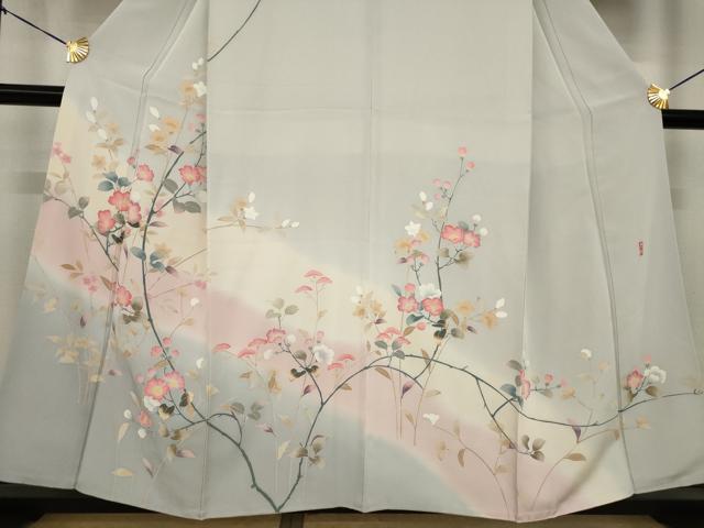 平和屋着物●訪問着 友禅 作家物 枝花文 暈し染め 正絹 逸品 未使用 AABI4546ck