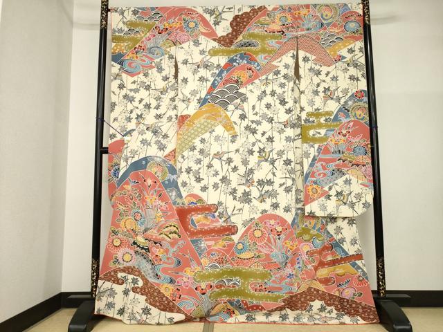 平和屋着物●豪華振袖 遠山花文 紅型 正絹 逸品 AABI4550ck