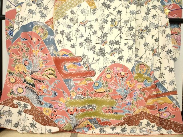 平和屋着物●豪華振袖 遠山花文 紅型 正絹 逸品 AABI4550ck