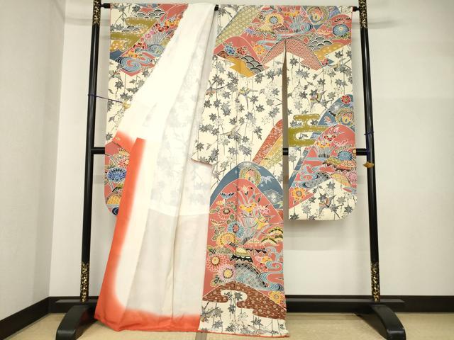 平和屋着物●豪華振袖 遠山花文 紅型 正絹 逸品 AABI4550ck