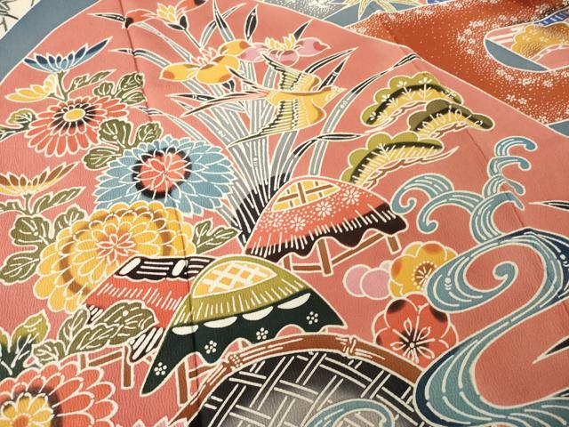 平和屋着物●豪華振袖 遠山花文 紅型 正絹 逸品 AABI4550ck