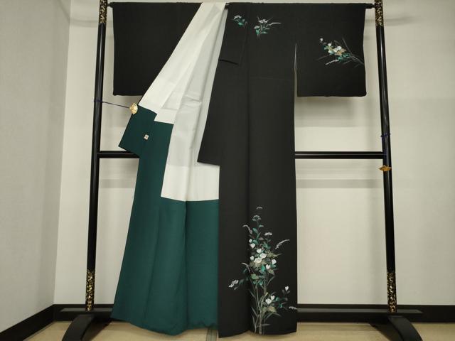 平和屋着物●訪問着 枝花文 黒地 金彩 正絹 逸品 AABI4553ck