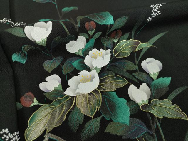 平和屋着物●訪問着 枝花文 黒地 金彩 正絹 逸品 AABI4553ck