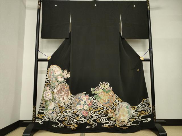 平和屋着物●豪華黒留袖 作家物 花鳥絵皿文 正絹 逸品 AABI4555ck