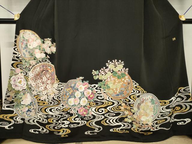 平和屋着物●豪華黒留袖 作家物 花鳥絵皿文 正絹 逸品 AABI4555ck