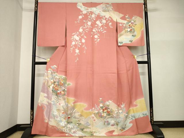 平和屋着物●訪問着 駒刺繍 流水鴛鴦花文 暈し染め 金彩 正絹 逸品 AABI4557ck