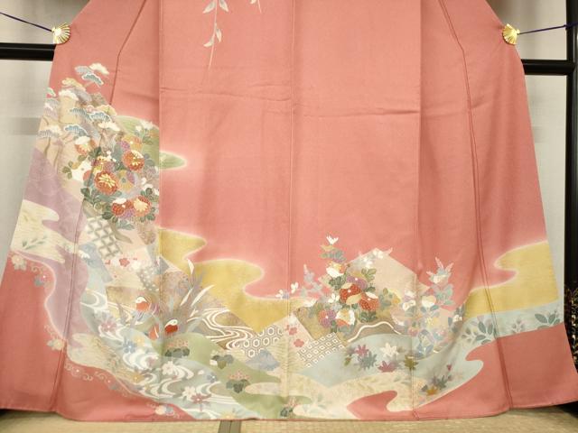 平和屋着物●訪問着 駒刺繍 流水鴛鴦花文 暈し染め 金彩 正絹 逸品 AABI4557ck